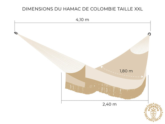 Dessin d'un hamac colombien fait main XXL avec mesures détaillées